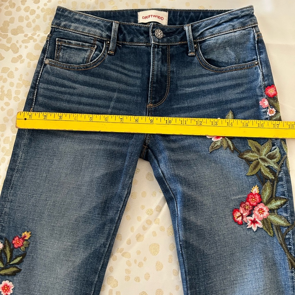 DRIFTWOOD Blue Boot Cut Jeans with Pink Floral Embroidery - Picture 10 of 11